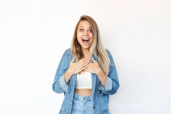 Young Caucasian Smiling Amazed Happy Blonde Woman Denim Jacket Jeans — Stock Photo, Image