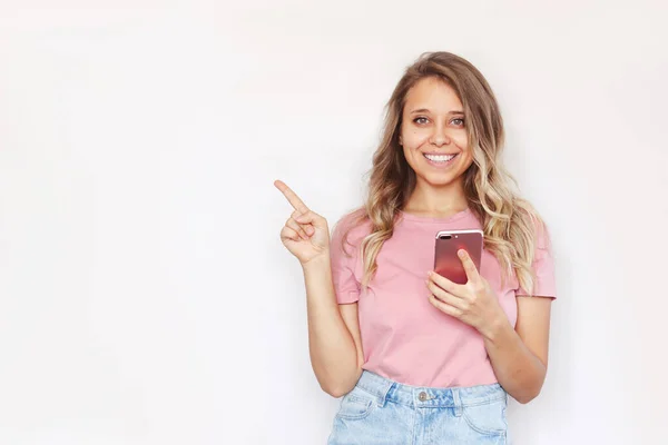 Portrait Beautiful Young Woman Mobile Phone Isolated White Background — Fotografia de Stock