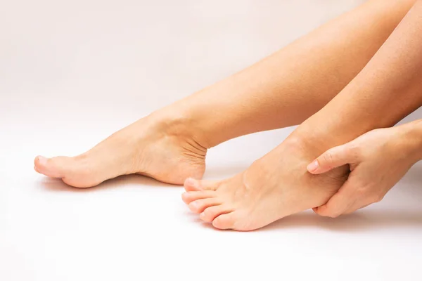 Cropped Image Female Barefoot Feet White Background — Stockfoto