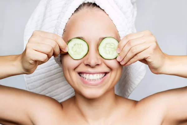 Beautiful Young Woman Towel Her Head Smiling — Stockfoto