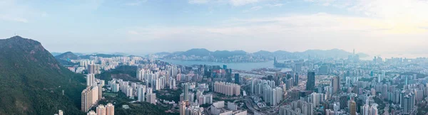 Luftaufnahme Stadtbild Von Hongkong Der Nähe Des Ikonischen Löwenfelsens Panorama — Stockfoto