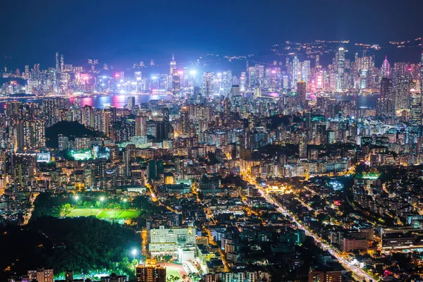 Nachtleven Van Victoria Harbour Kowloon Gebied Van Hong Kong Cyberpunk Stockfoto