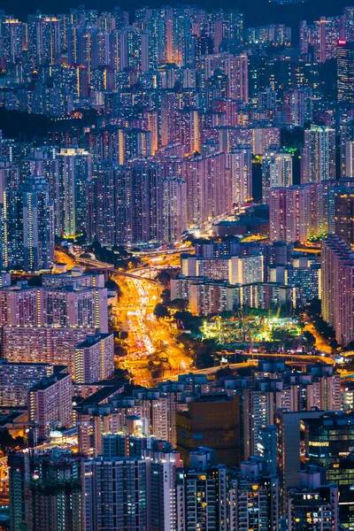 Kowloon Hong Kong Şehir Merkezindeki Yerleşim Alanının Gece Manzarası Siber — Stok fotoğraf