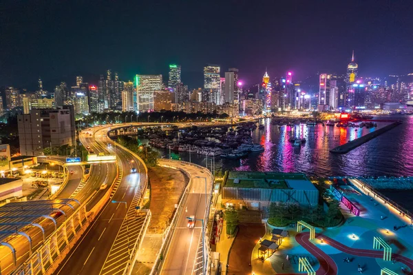 Cyberpunk Ματιά Της Ακτογραμμής Κοντά Causeway Bay Χονγκ Κονγκ Νύχτα — Φωτογραφία Αρχείου