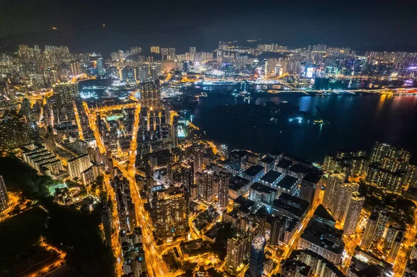 Cyberpunk Διάθεση Της Κεραίας Νύχτα Cityscape Kowloon Χονγκ Κονγκ Μελλοντική — Φωτογραφία Αρχείου