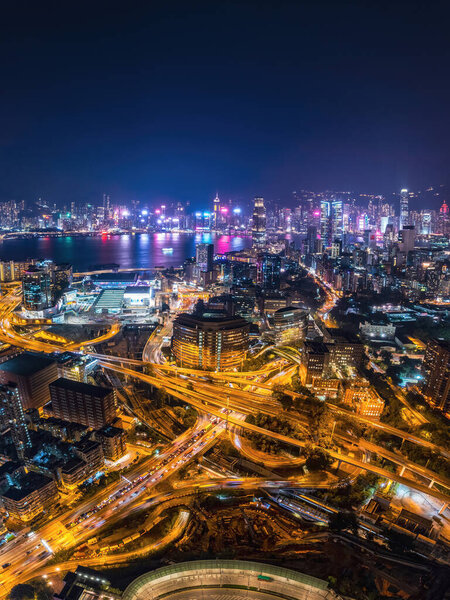 cyberpunk color of the expressway and bridge in downtown Kowloon, Hong Kong. Highway and infrastructure