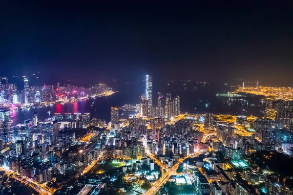 Cyberpunkowy Nastrój Nocnego Pejzażu Kowloon Śródmieścia Hong Kong Panorama — Zdjęcie stockowe