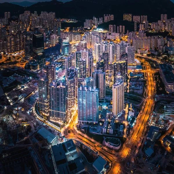 Futurisztikus Városkép Metropolisz Cyberpunk Hangvétele Kowloon Hong Kong Éjszakai Légi — Stock Fotó