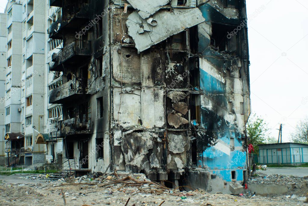 War, city after shelling, rockets hit houses and cars, Irpen, Bucha, Borodyanka, in Ukraine