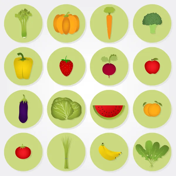 Fargede ikoner på grønnsaker og frukter – stockvektor