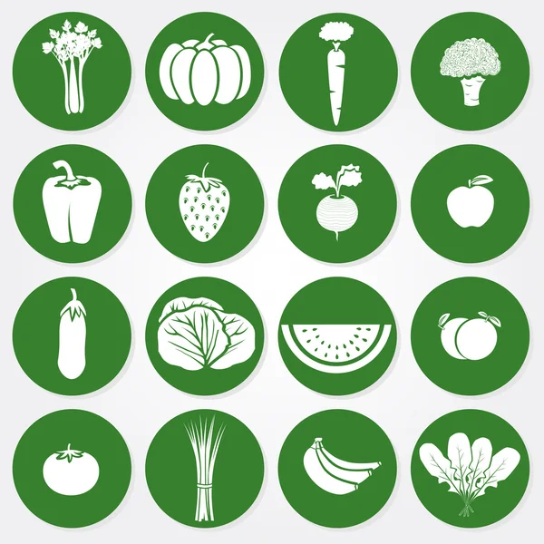 Iconos verdes y blancos de verduras y frutas — Vector de stock