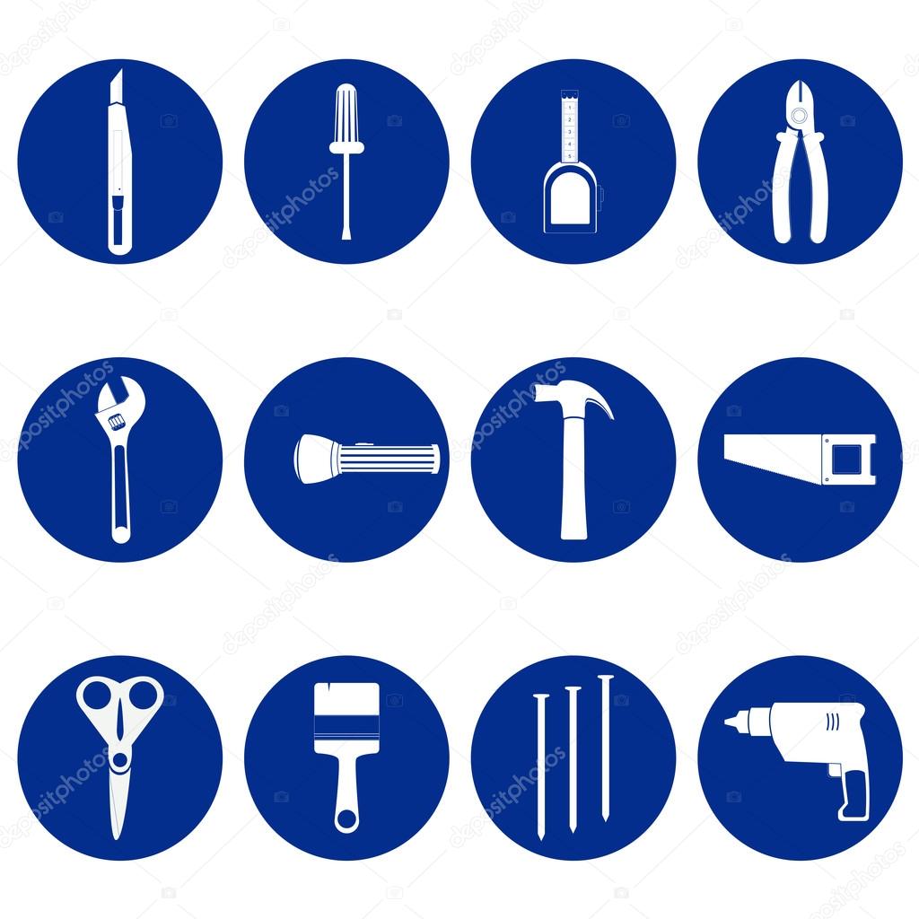 Blue circular icons of tools