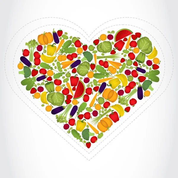 Corazón de frutas y verduras . — Vector de stock