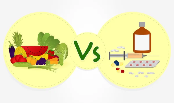 Grönsaker och frukter kontra läkemedel. — Stock vektor