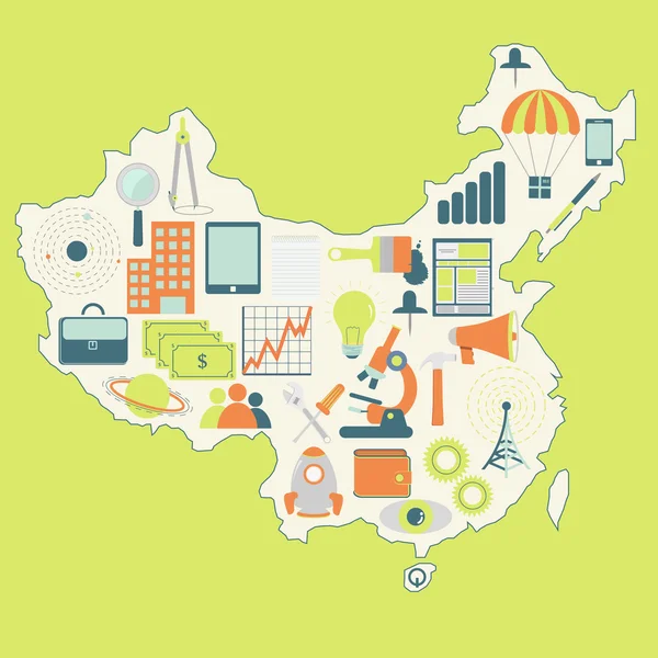 Map of China with technology icons — Stock Vector