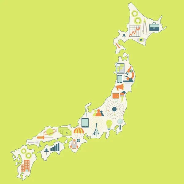 Map of Japan with technology icons — Stock Vector