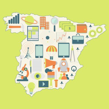 teknoloji simgeleri ile İspanya Haritası