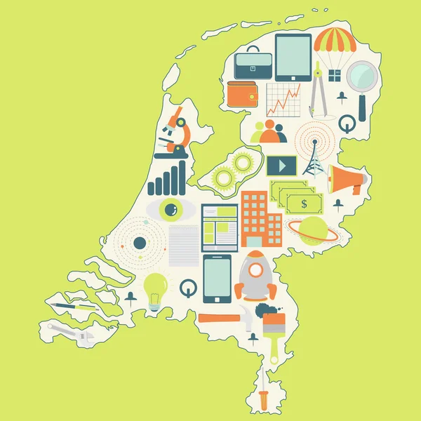 Map of Netherlands with technology icons — Stock Vector