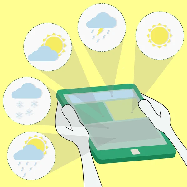 Meteorología y pronóstico del tiempo a través de la tableta — Vector de stock