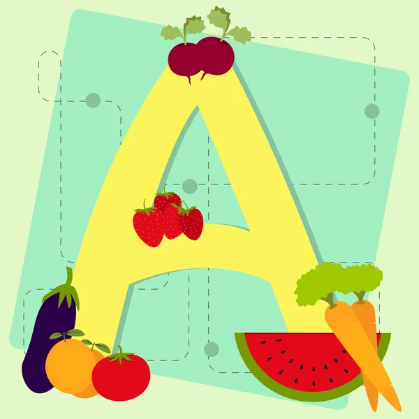 Letter "a" from stylized alphabet with fruits and vegetables — Stock Vector