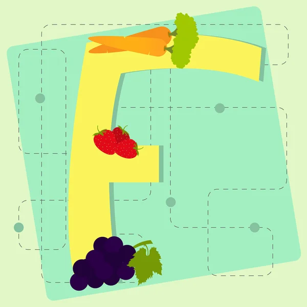 Letra "f" del alfabeto estilizado con frutas y verduras — Vector de stock