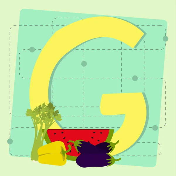 Buchstabe "g" aus stilisiertem Alphabet mit Obst und Gemüse — Stockvektor