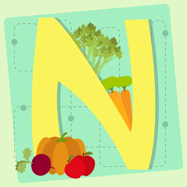 Lettre "n" de l'alphabet stylisé avec fruits et légumes — Image vectorielle