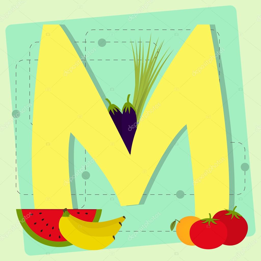 Legumes Commencant Par La Lettre M lettre « m » de l'alphabet stylisé avec fruits et légumes — Image
