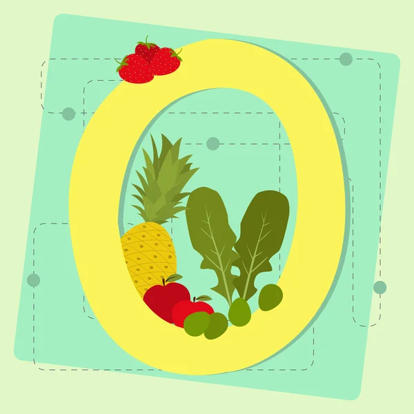 Lettre "o" de l'alphabet stylisé avec fruits et légumes — Image vectorielle