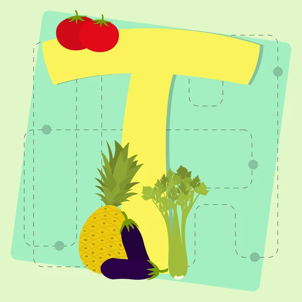 Lettre "t" de l'alphabet stylisé avec fruits et légumes — Image vectorielle