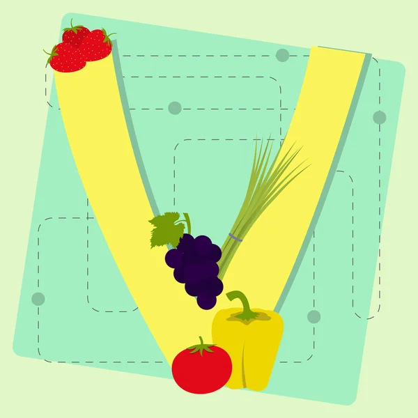 Lettre "v" de l'alphabet stylisé avec fruits et légumes — Image vectorielle