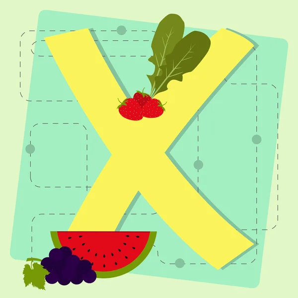 Lettre "x" de l'alphabet stylisé avec fruits et légumes — Image vectorielle