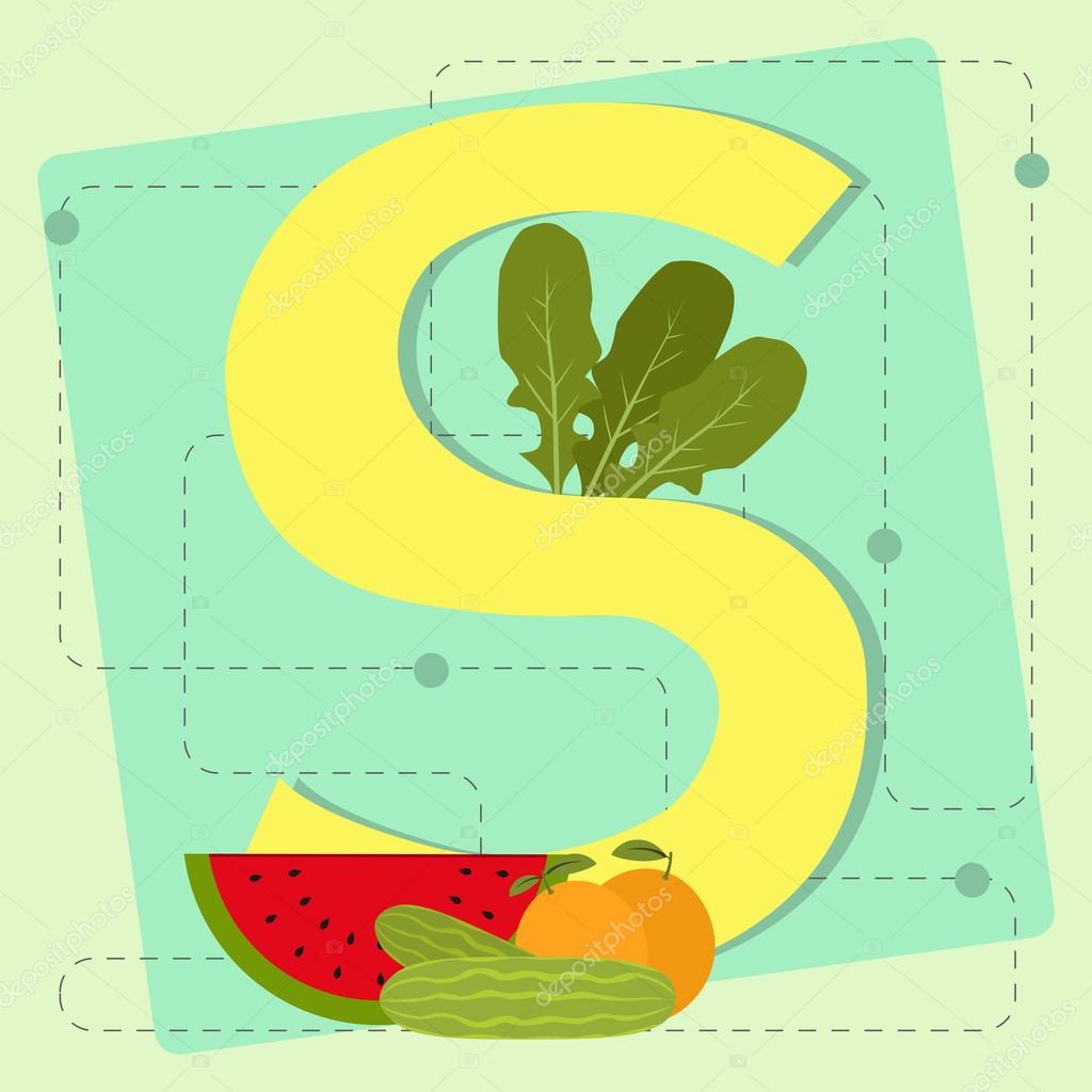 Lettera "s" dall alfabeto stilizzato con frutta e verdura cetriolo co ero arancia rucola — Vettoriali di drical