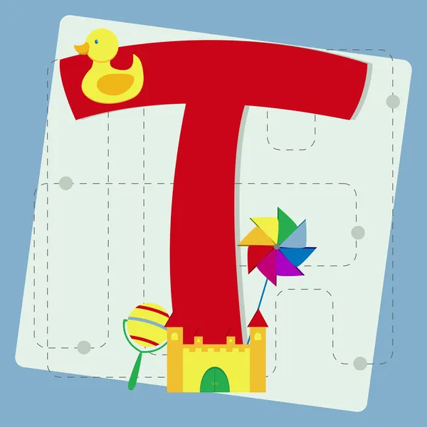 Letter "t" from stylized alphabet with children's toys — Stock Vector
