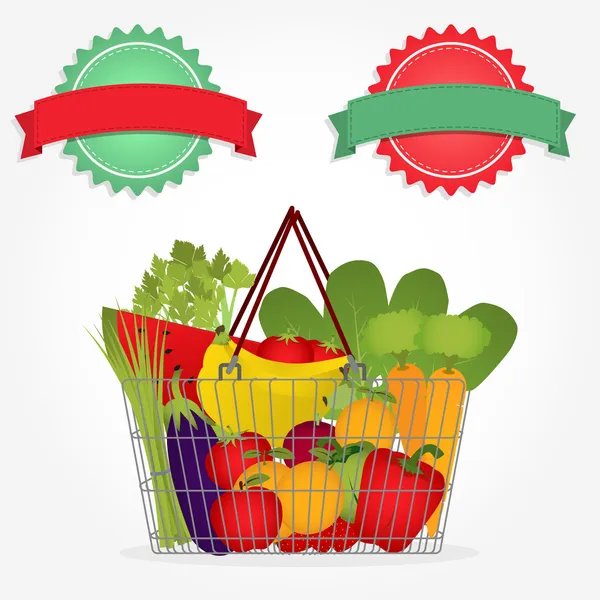 Cesta de supermercado con verduras y dos etiquetas — Vector de stock