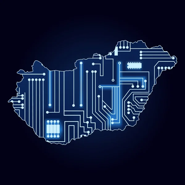 Peta Hungaria dengan sirkuit elektronik - Stok Vektor