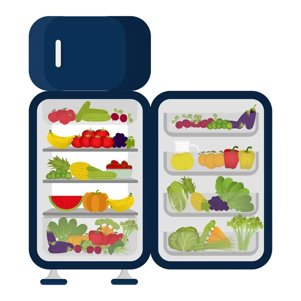 Холодильник, полный овощей и фруктов — стоковый вектор