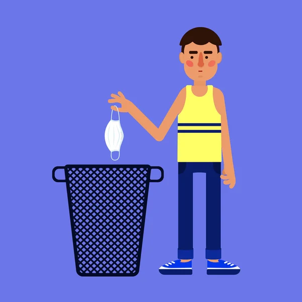 Hombre Tirando Máscara Basura Chico Lanzando Usado Máscara Quirúrgica Basura — Vector de stock