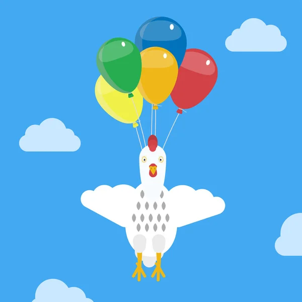 Pollo Che Cerca Volare Usando Palloncini Illustrazione Fumetti Metafora Fantasia — Vettoriale Stock