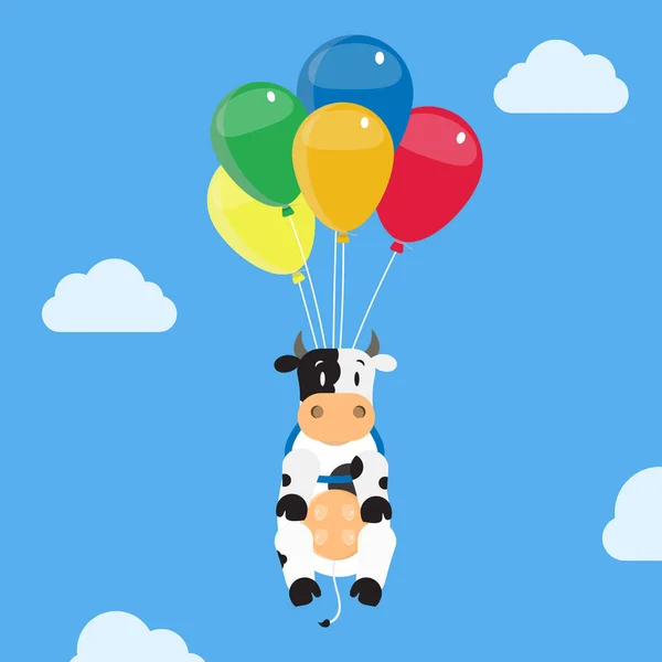 Cow Flying Using Balloons Comic Illustration Metaphor Fantasy — Stock Vector
