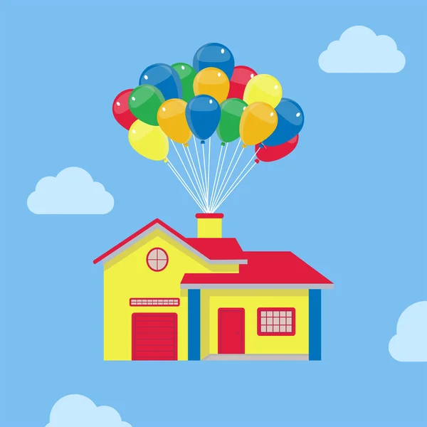 房子用气球飞行 房子被五颜六色的气球载着在天空中飞舞 概念和幻想 图库矢量图片