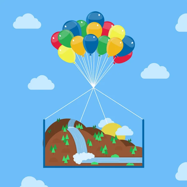 景观由高山 树木和被氦气气球带到天上的瀑布组成 概念向量说明 梦想和幻想背景 — 图库矢量图片