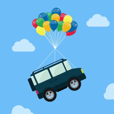 4x4 araba helyum balonlarından sarkan ve gökyüzünde süzülen.