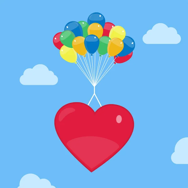 Herzform Hängt Heliumballons Schwebt Und Schwebt Himmel — Stockvektor