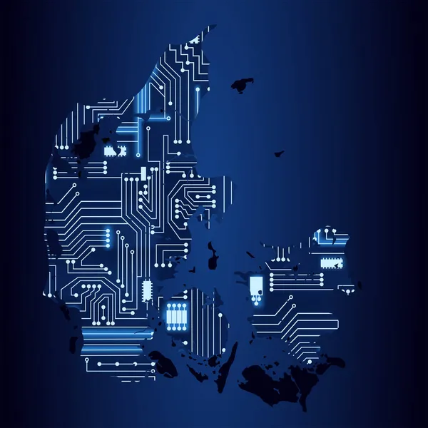 Contourkaart Van Denemarken Met Een Technologisch Elektronica Circuit — Stockvector