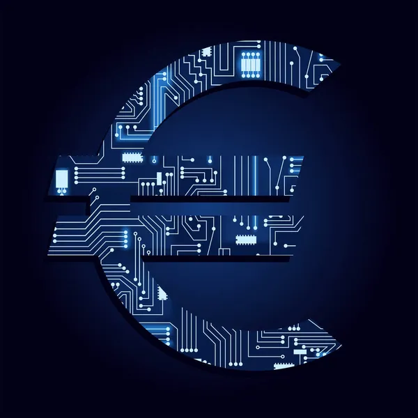 Euro Symbol Mit Einem Technologischen Elektronischen Schaltkreis Blauer Hintergrund Vektorgrafiken