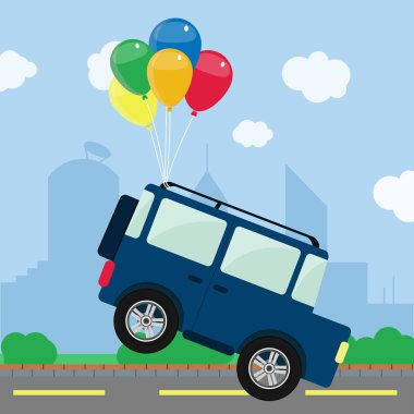 Bir grup renkli balon 4x4 'lük bir arabayı yoldan çıkarıyor. Arka planda bir şehrin silueti var. Kavramsal. Bir rüyayı temsil eden vektör illüstrasyonu, fantezi. Uçan araba..