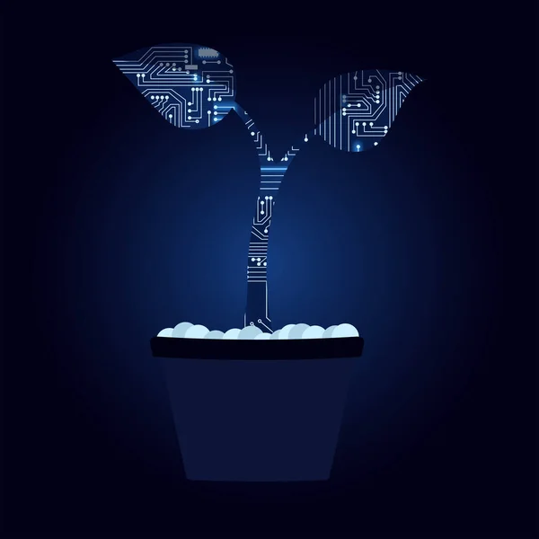 Plante Dans Vase Avec Circuit Électronique Technologique Fond Bleu — Image vectorielle