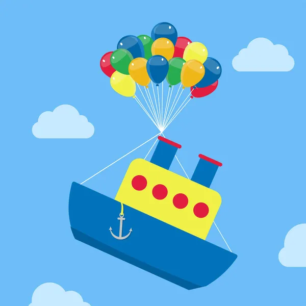Navio Subir Com Balões Navio Pendurado Balões Hélio Flutuando Subindo — Vetor de Stock