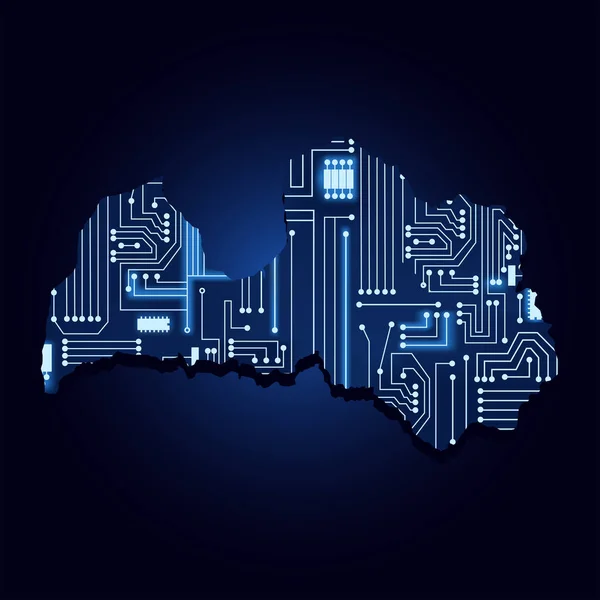 Mappa Contorno Della Lettonia Con Circuito Elettronico Tecnologico — Vettoriale Stock